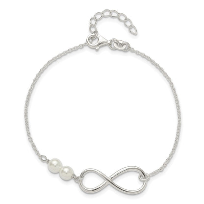 Sterling Silver Polished Simulated Pearls and Infinity with 1in Ext Bracele