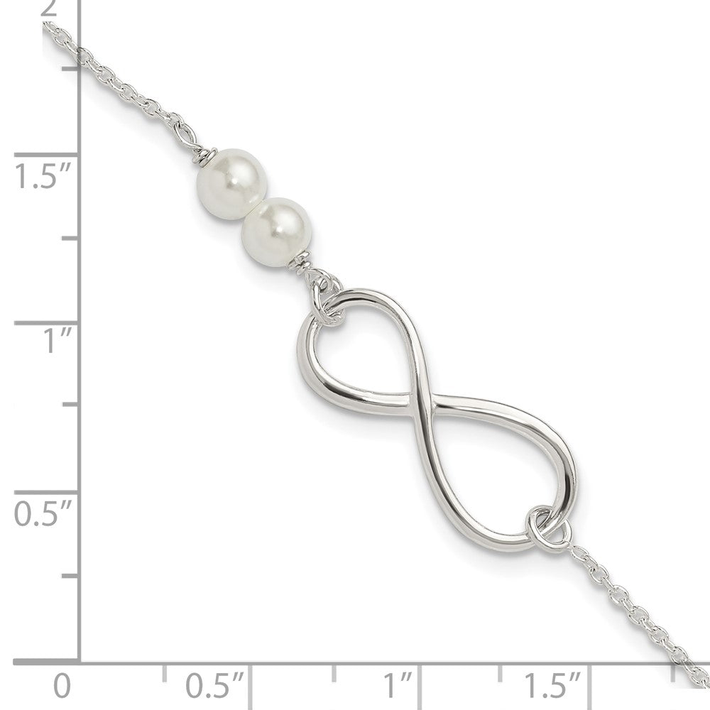Sterling Silver Polished Simulated Pearls and Infinity with 1in Ext Bracele