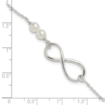 Sterling Silver Polished Simulated Pearls and Infinity with 1in Ext Bracele
