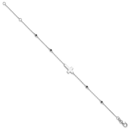 Sterling Silver Rhodium-Plated Cross Black Spinel 7in w/1in Ext. Bracelet