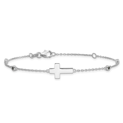 Sterling Silver Rhodium-Plated Cross Black Spinel 7in w/1in Ext. Bracelet