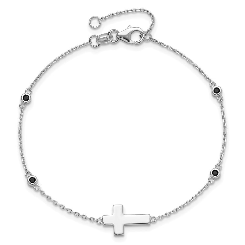 Sterling Silver Rhodium-Plated Cross Black Spinel 7in w/1in Ext. Bracelet