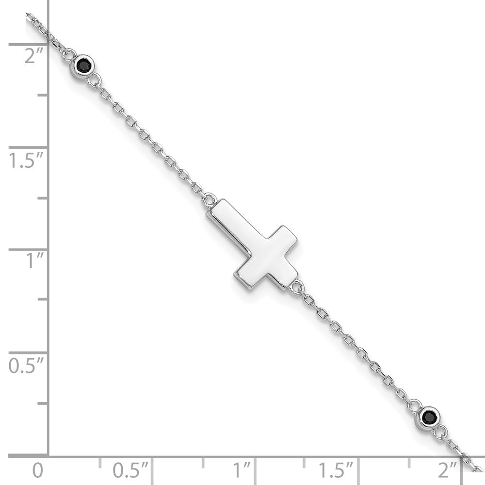 Sterling Silver Rhodium-Plated Cross Black Spinel 7in w/1in Ext. Bracelet
