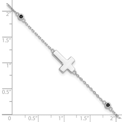 Sterling Silver Rhodium-Plated Cross Black Spinel 7in w/1in Ext. Bracelet