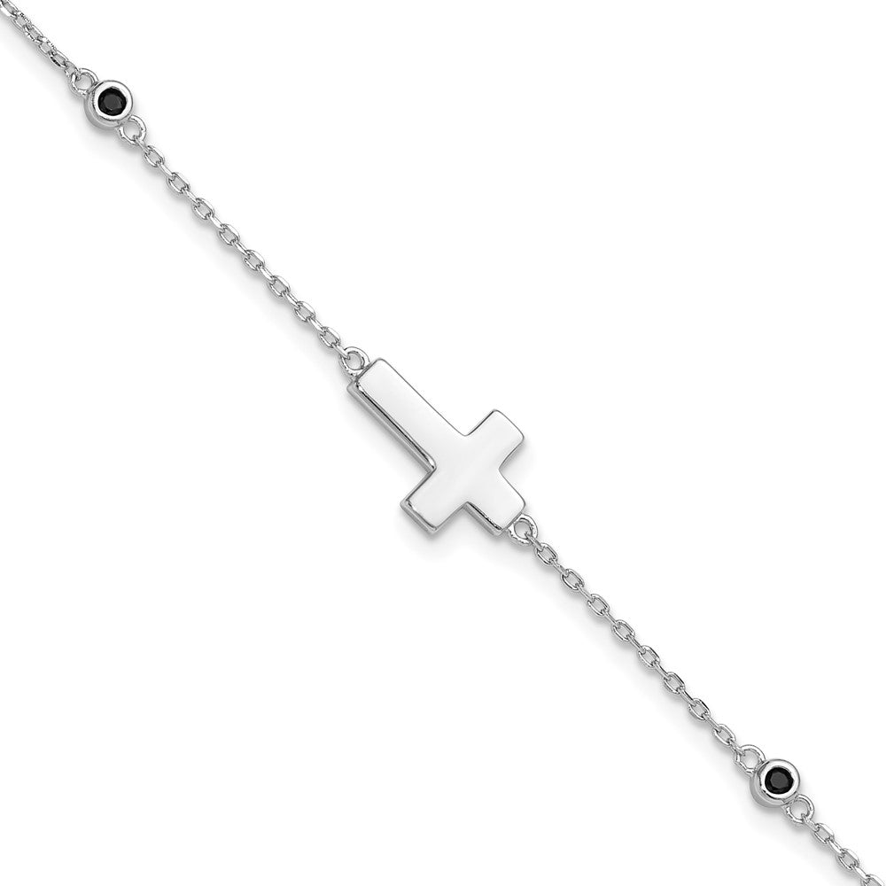 Sterling Silver Rhodium-Plated Cross Black Spinel 7in w/1in Ext. Bracelet