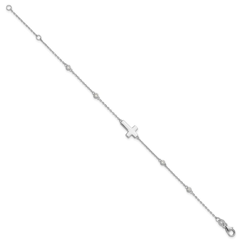 Sterling Silver Rhodium-Plated CZ Sideways Cross 7in w/1in Ext. Bracelet