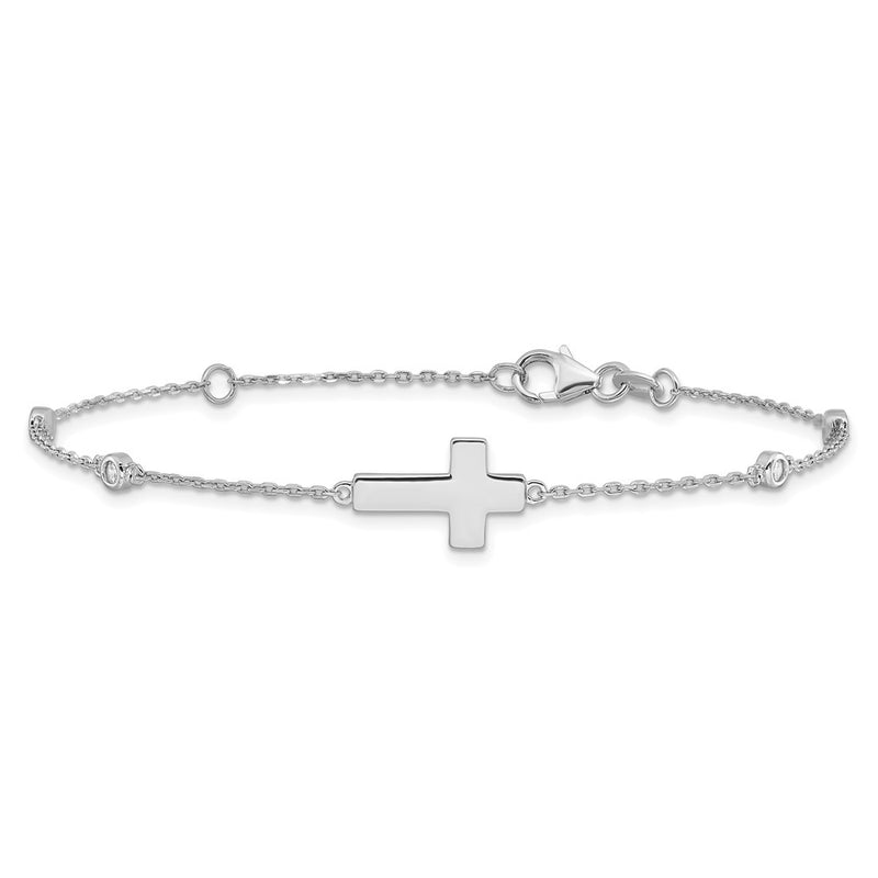 Sterling Silver Rhodium-Plated CZ Sideways Cross 7in w/1in Ext. Bracelet