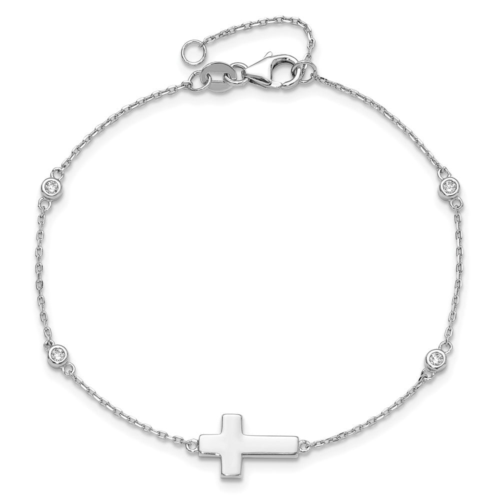 Sterling Silver Rhodium-Plated CZ Sideways Cross 7in w/1in Ext. Bracelet