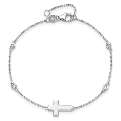 Sterling Silver Rhodium-Plated CZ Sideways Cross 7in w/1in Ext. Bracelet