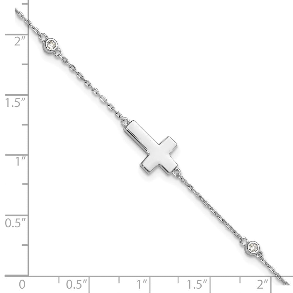 Sterling Silver Rhodium-Plated CZ Sideways Cross 7in w/1in Ext. Bracelet