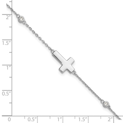 Sterling Silver Rhodium-Plated CZ Sideways Cross 7in w/1in Ext. Bracelet