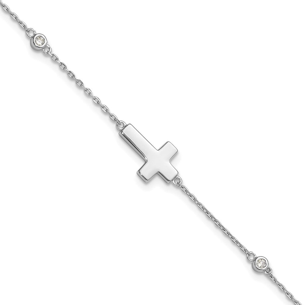 Sterling Silver Rhodium-Plated CZ Sideways Cross 7in w/1in Ext. Bracelet