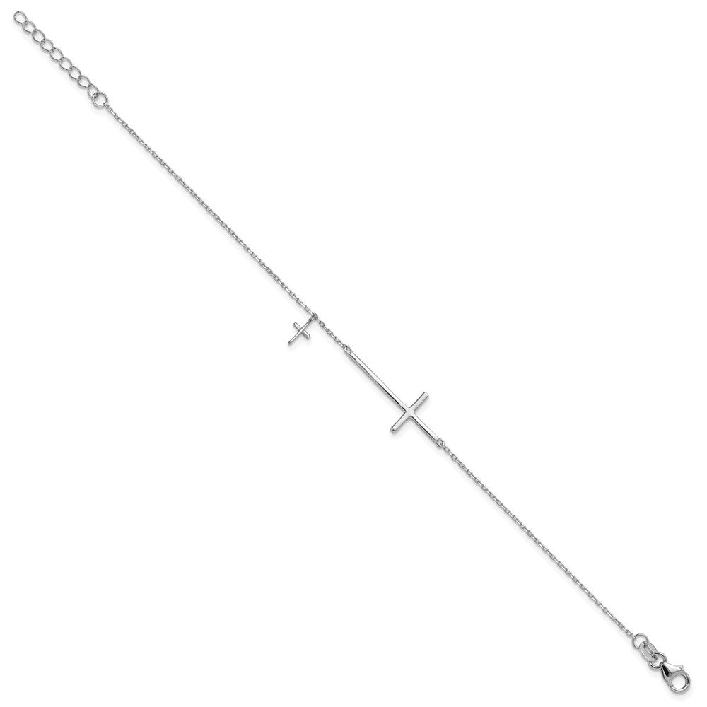 Sterling Silver Rhodium-Plated Sideways Cross 7in w/1in Ext. Bracelet