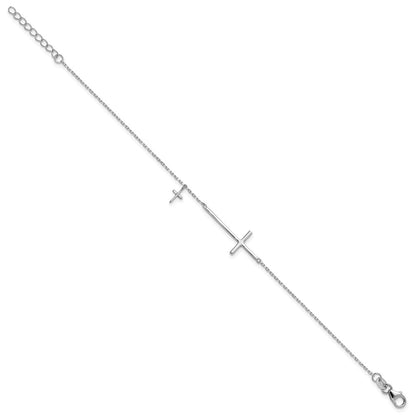 Sterling Silver Rhodium-Plated Sideways Cross 7in w/1in Ext. Bracelet