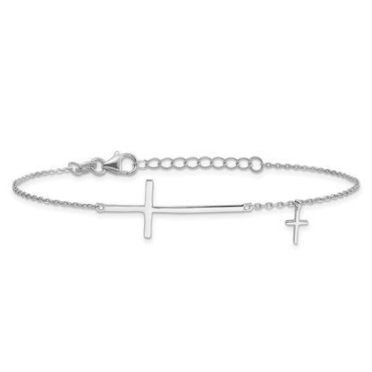 Sterling Silver Rhodium-Plated Sideways Cross 7in w/1in Ext. Bracelet