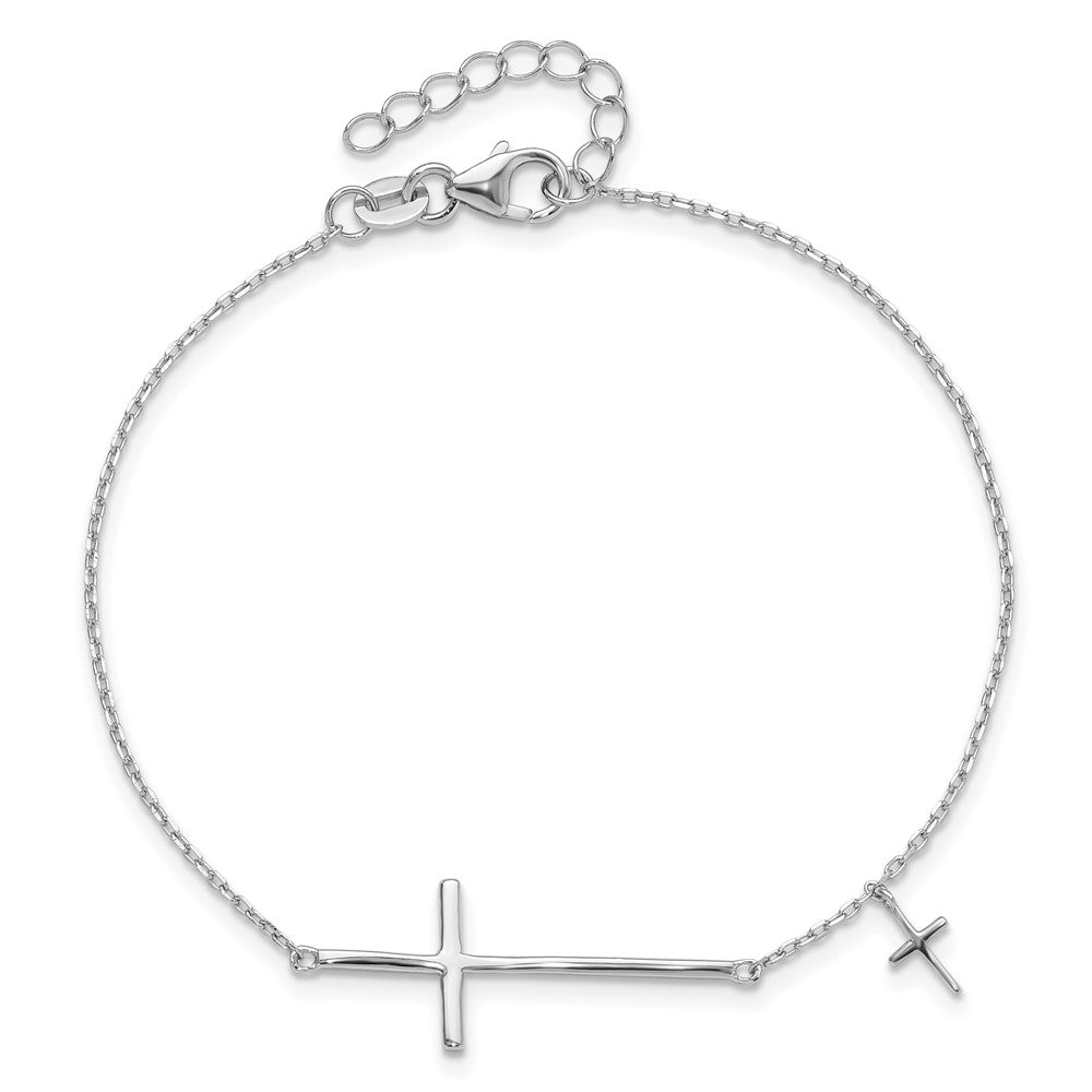 Sterling Silver Rhodium-Plated Sideways Cross 7in w/1in Ext. Bracelet