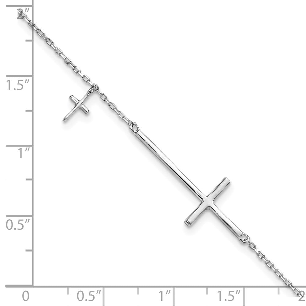 Sterling Silver Rhodium-Plated Sideways Cross 7in w/1in Ext. Bracelet
