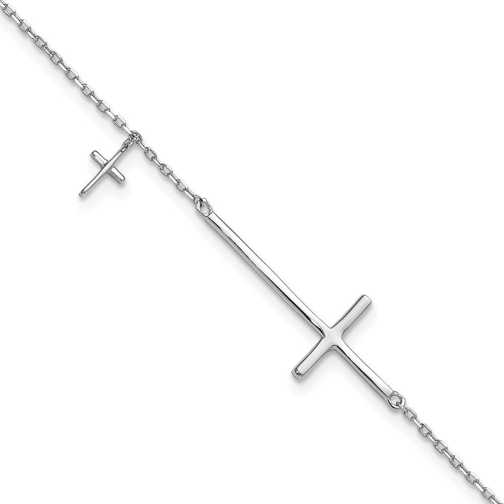 Sterling Silver Rhodium-Plated Sideways Cross 7in w/1in Ext. Bracelet