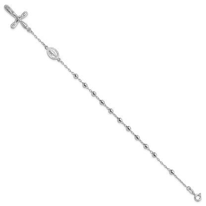 Sterling Silver Rhodium-Plated Dangle Cross Beaded Rosary 7.5in Bracelet