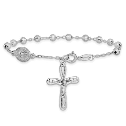 Sterling Silver Rhodium-Plated Dangle Cross Beaded Rosary 7.5in Bracelet
