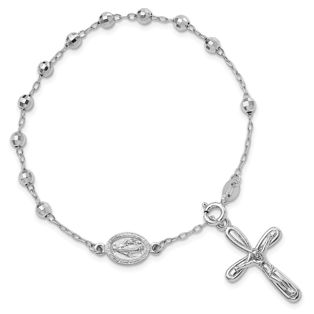 Sterling Silver Rhodium-Plated Dangle Cross Beaded Rosary 7.5in Bracelet