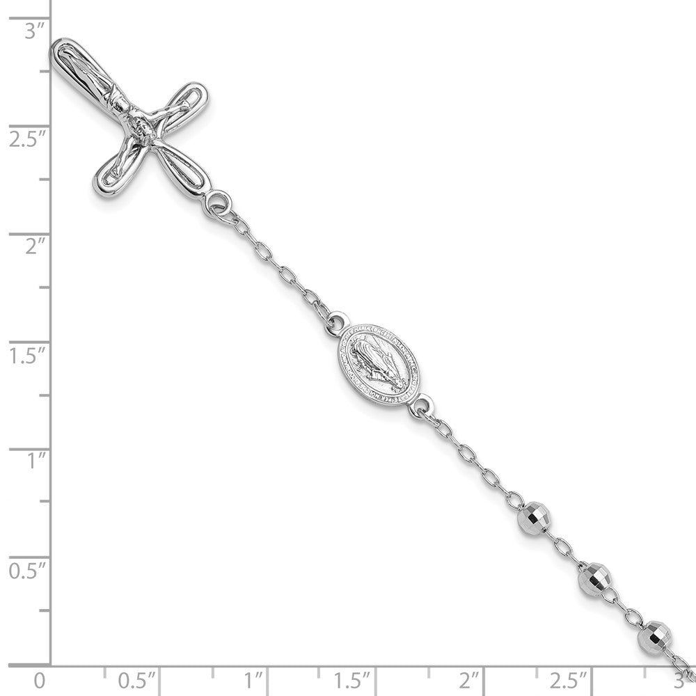 Sterling Silver Rhodium-Plated Dangle Cross Beaded Rosary 7.5in Bracelet