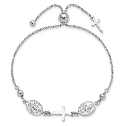 Sterling Silver Rhodium Plated Cross with Medals Adjustable Bracelet