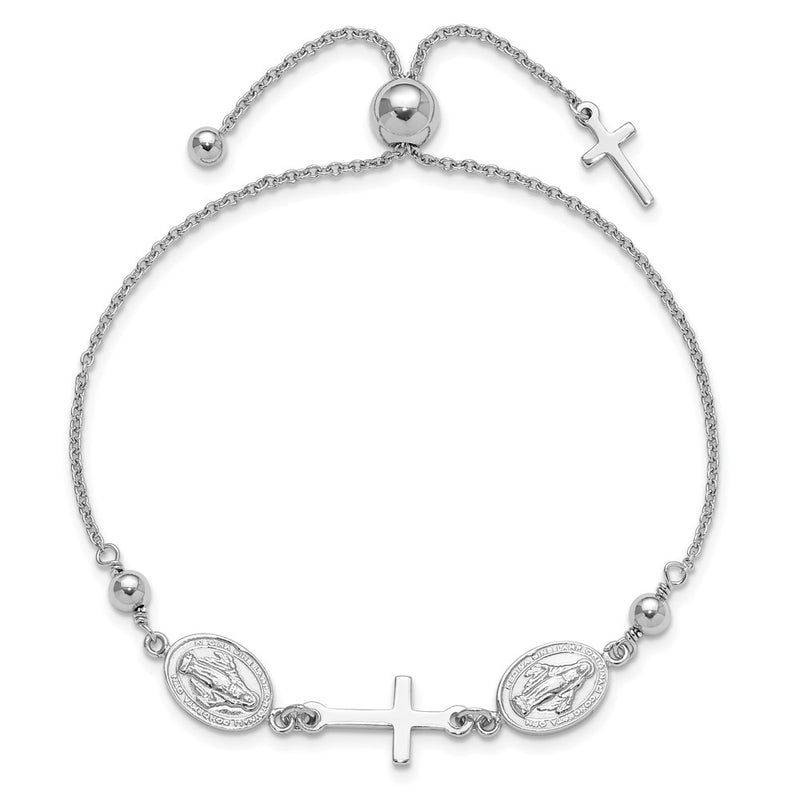 Sterling Silver Rhodium Plated Cross with Medals Adjustable Bracelet