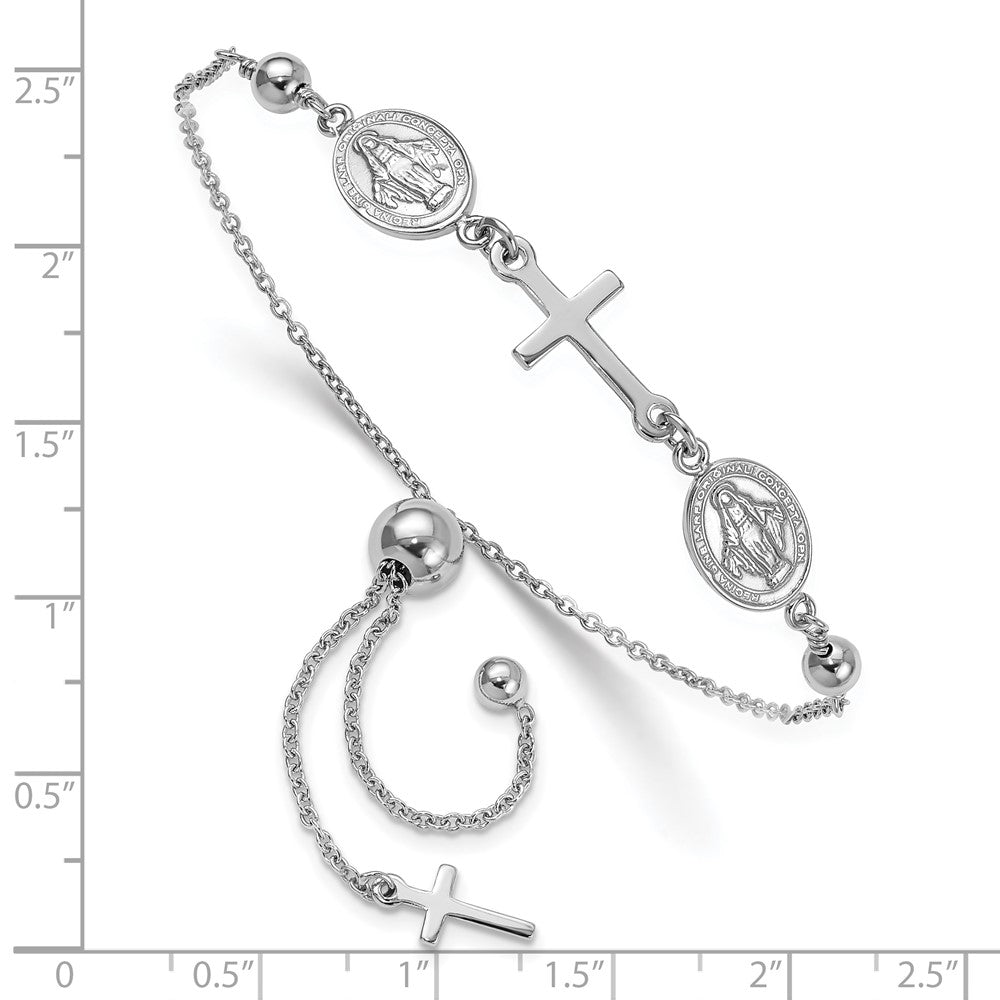 Sterling Silver Rhodium Plated Cross with Medals Adjustable Bracelet