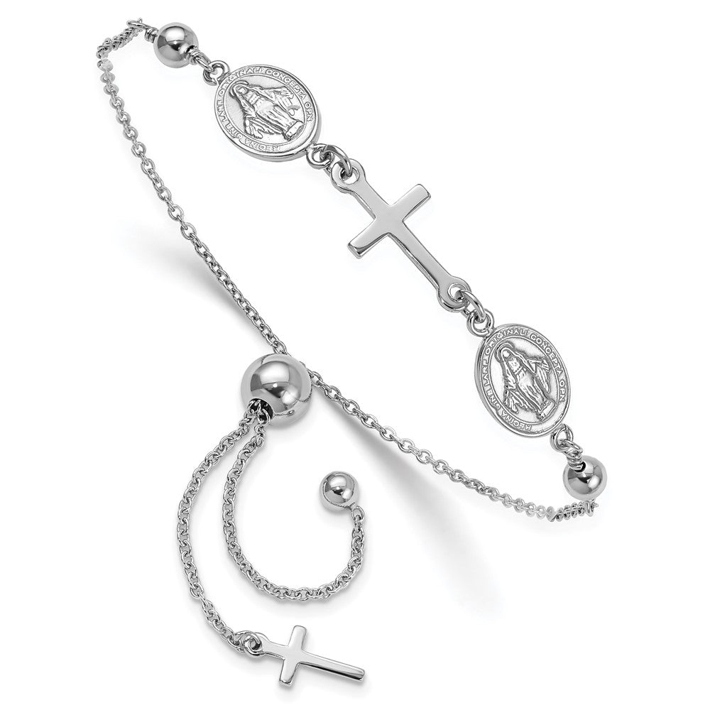 Sterling Silver Rhodium Plated Cross with Medals Adjustable Bracelet