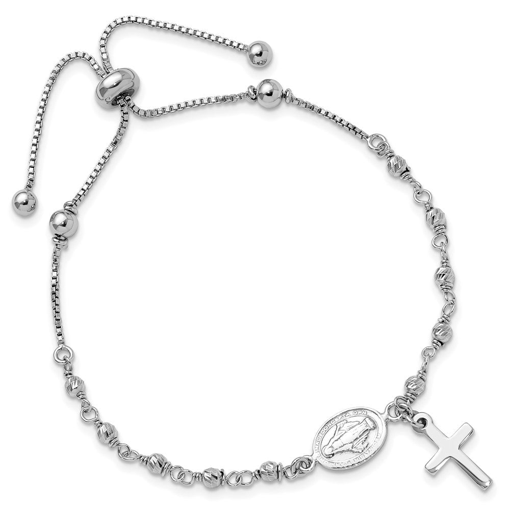 Sterling Silver Rhodium Plated Cross Dangle Rosary Adjustable Bracelet