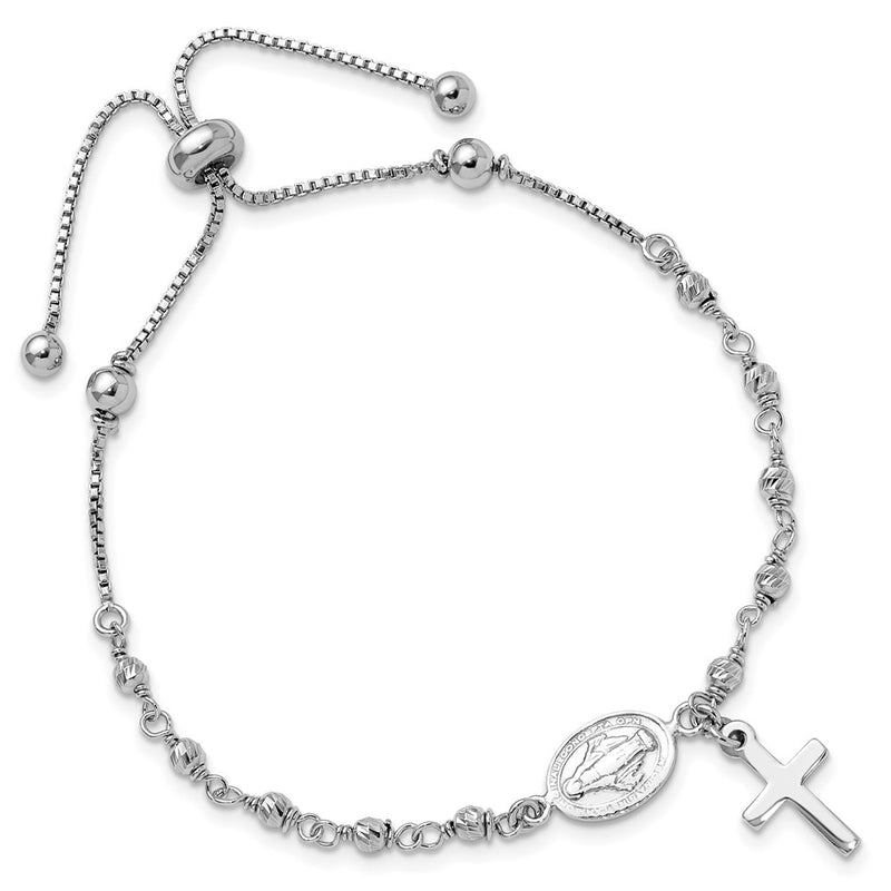 Sterling Silver Rhodium Plated Cross Dangle Rosary Adjustable Bracelet