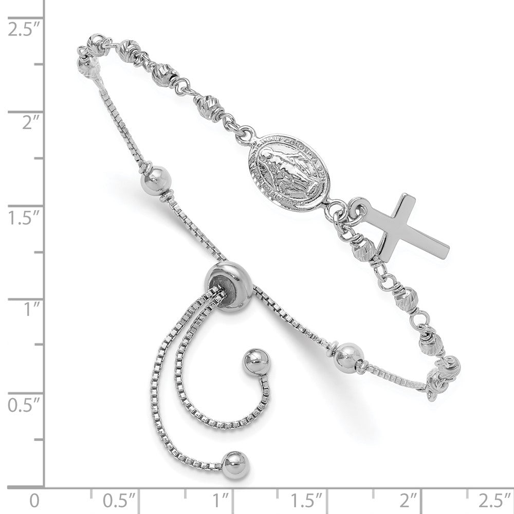 Sterling Silver Rhodium Plated Cross Dangle Rosary Adjustable Bracelet