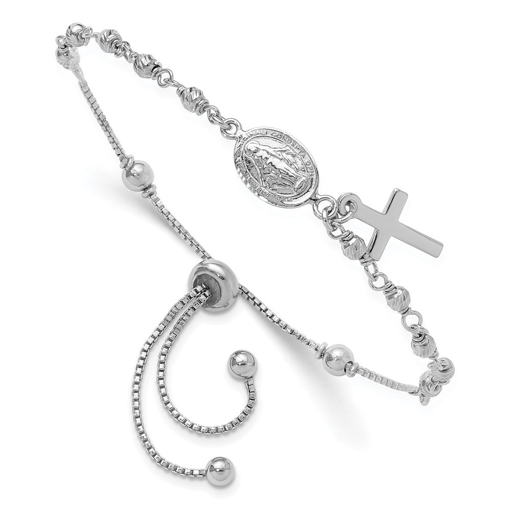 Sterling Silver Rhodium Plated Cross Dangle Rosary Adjustable Bracelet