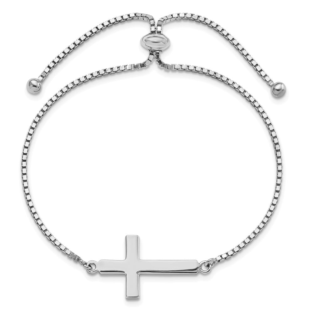 Sterling Silver Rhodium-Plated Polished Cross Adjustable Bracelet