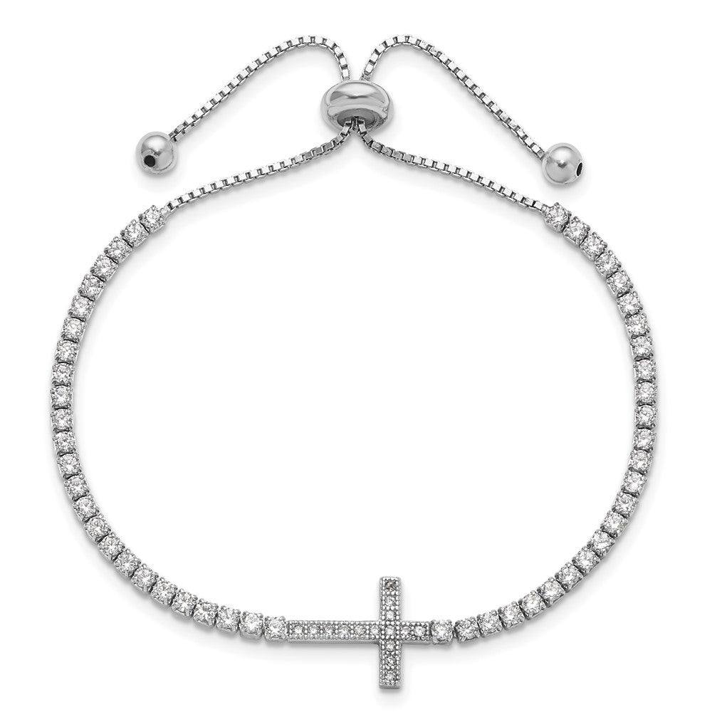 Sterling Silver Rhodium-Plated CZ Sideways Cross Adjustable Bracelet