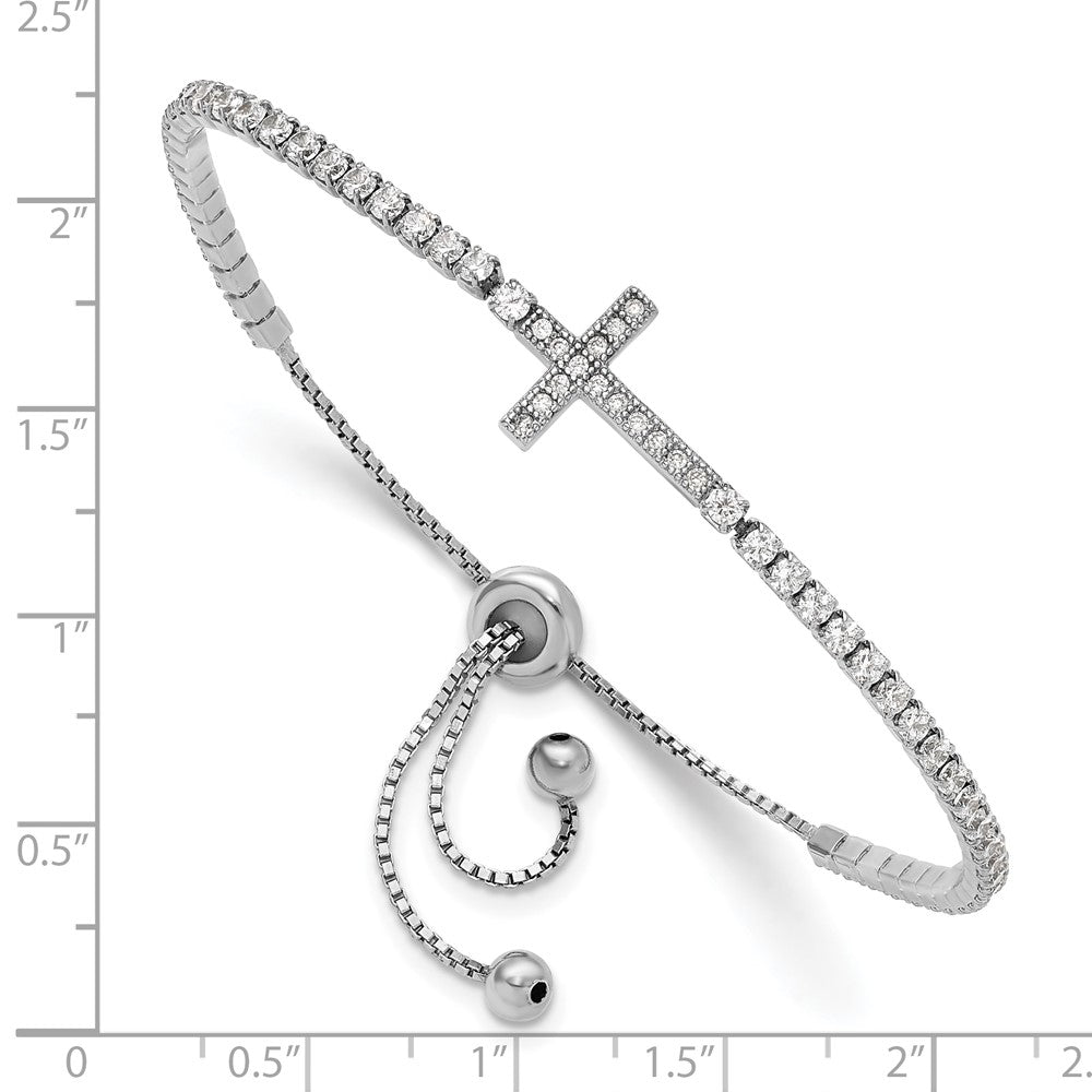Sterling Silver Rhodium-Plated CZ Sideways Cross Adjustable Bracelet