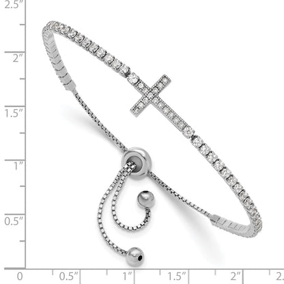 Sterling Silver Rhodium-Plated CZ Sideways Cross Adjustable Bracelet