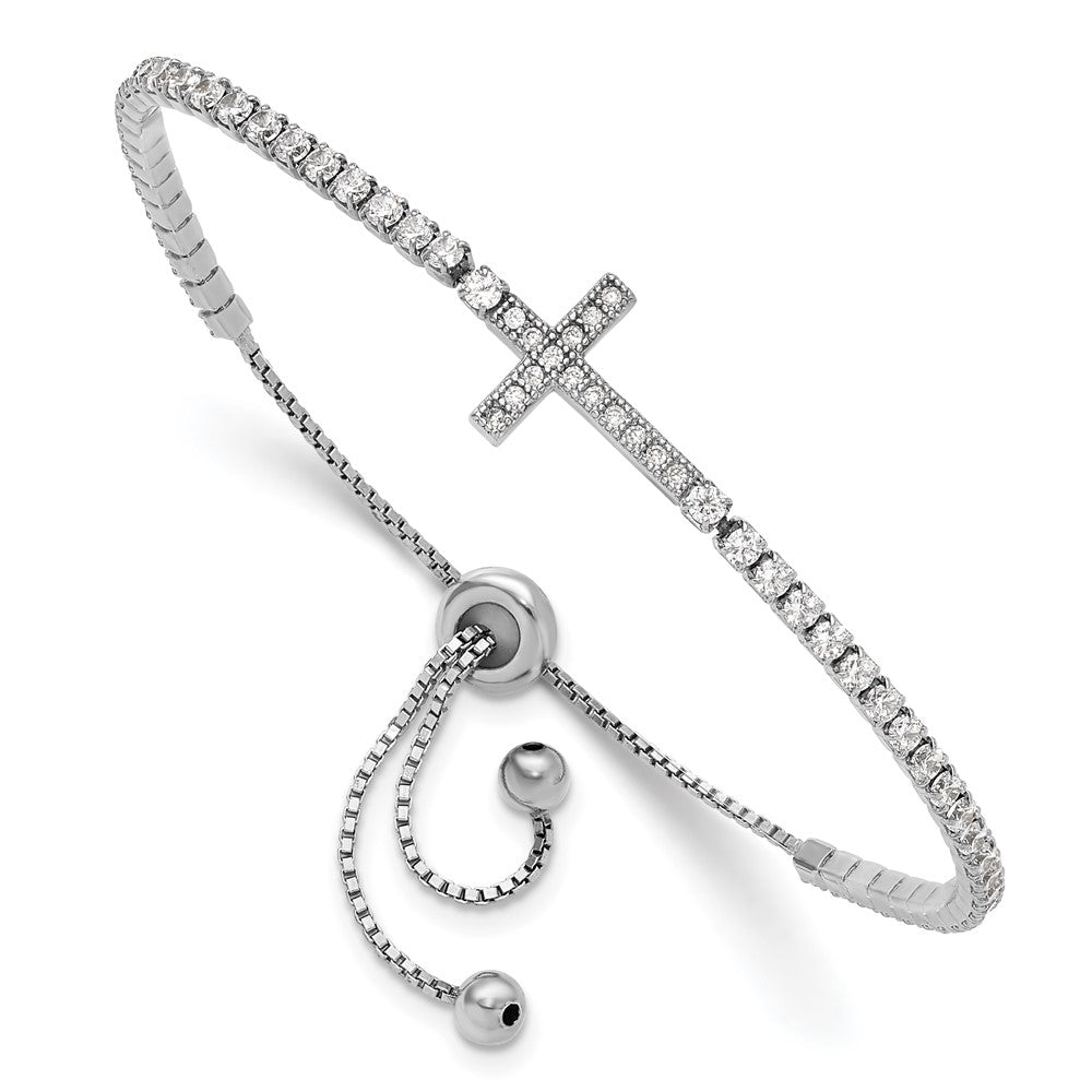 Sterling Silver Rhodium-Plated CZ Sideways Cross Adjustable Bracelet