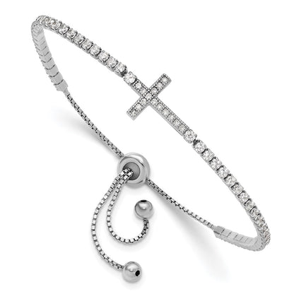 Sterling Silver Rhodium-Plated CZ Sideways Cross Adjustable Bracelet