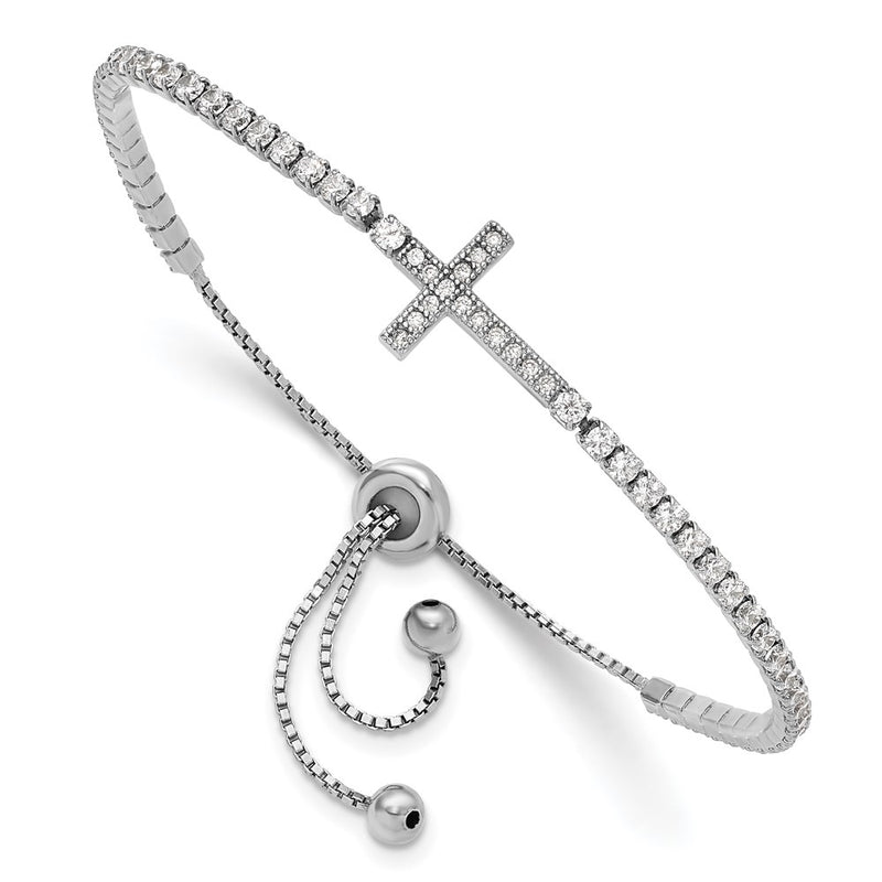 Sterling Silver Rhodium-Plated CZ Sideways Cross Adjustable Bracelet