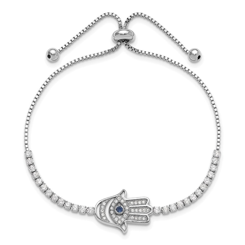 Sterling Silver Rhodium Plated Clear and Blue CZ Evil Eye Hamsa Adj Bracelet