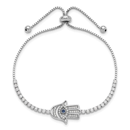 Sterling Silver Rhodium Plated Clear and Blue CZ Evil Eye Hamsa Adj Bracelet