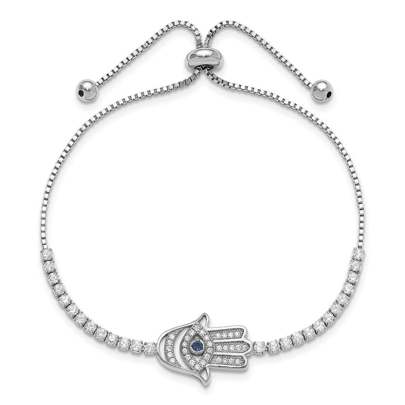 Sterling Silver Rhodium Plated Clear and Blue CZ Evil Eye Hamsa Adj Bracelet