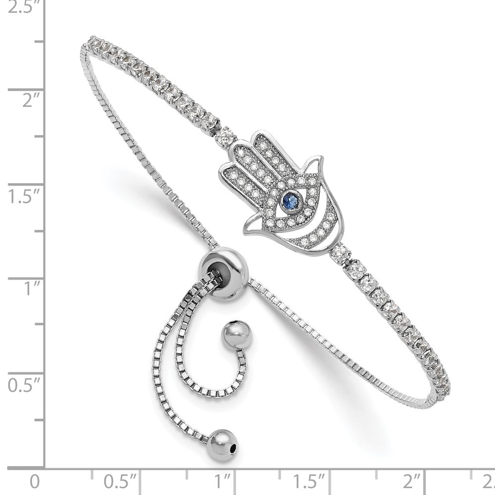 Sterling Silver Rhodium Plated Clear and Blue CZ Evil Eye Hamsa Adj Bracelet