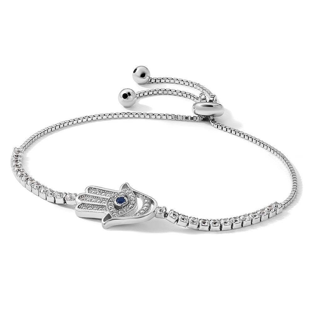 Sterling Silver Rhodium Plated Clear and Blue CZ Evil Eye Hamsa Adj Bracelet