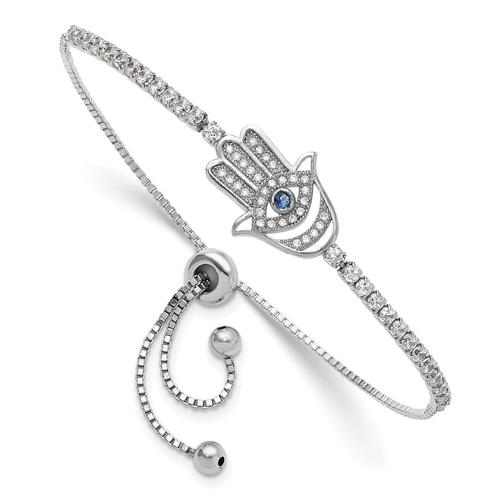 Sterling Silver Rhodium Plated Clear and Blue CZ Evil Eye Hamsa Adj Bracelet