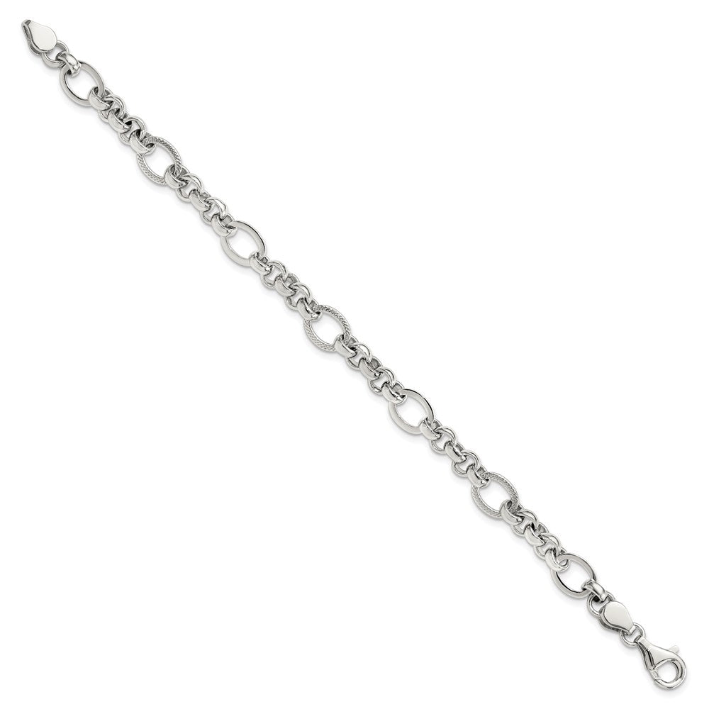Sterling Silver Rhodium-Plated Polished/textured Fancy Link 7.5in Bracelet
