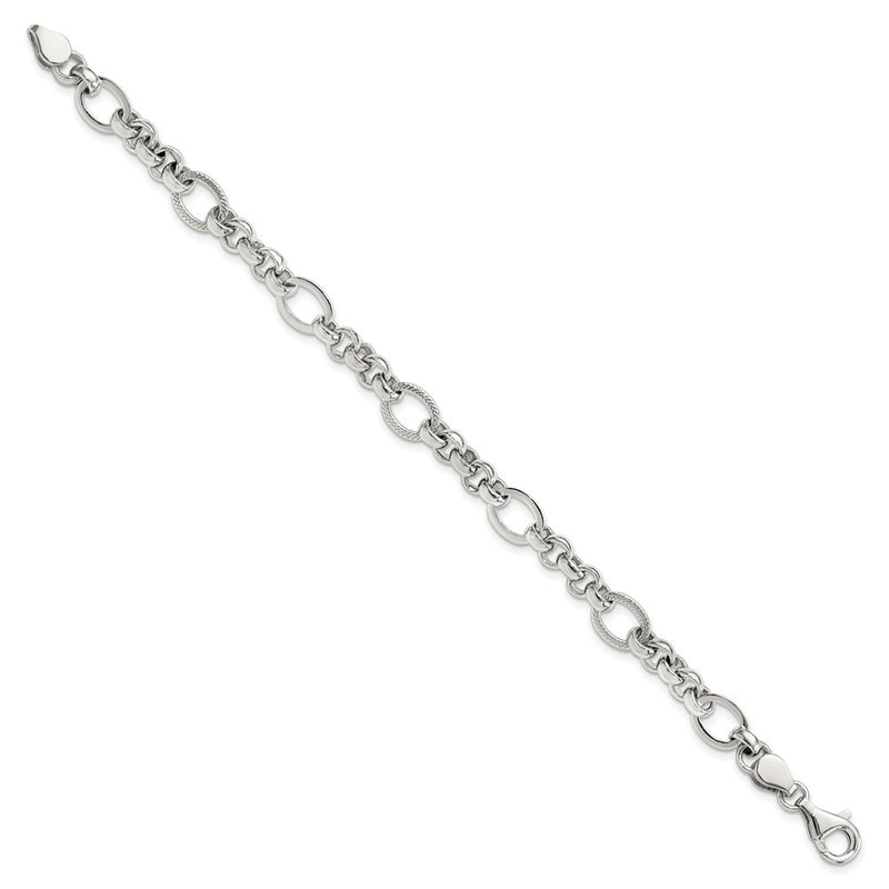 Sterling Silver Rhodium-Plated Polished/textured Fancy Link 7.5in Bracelet