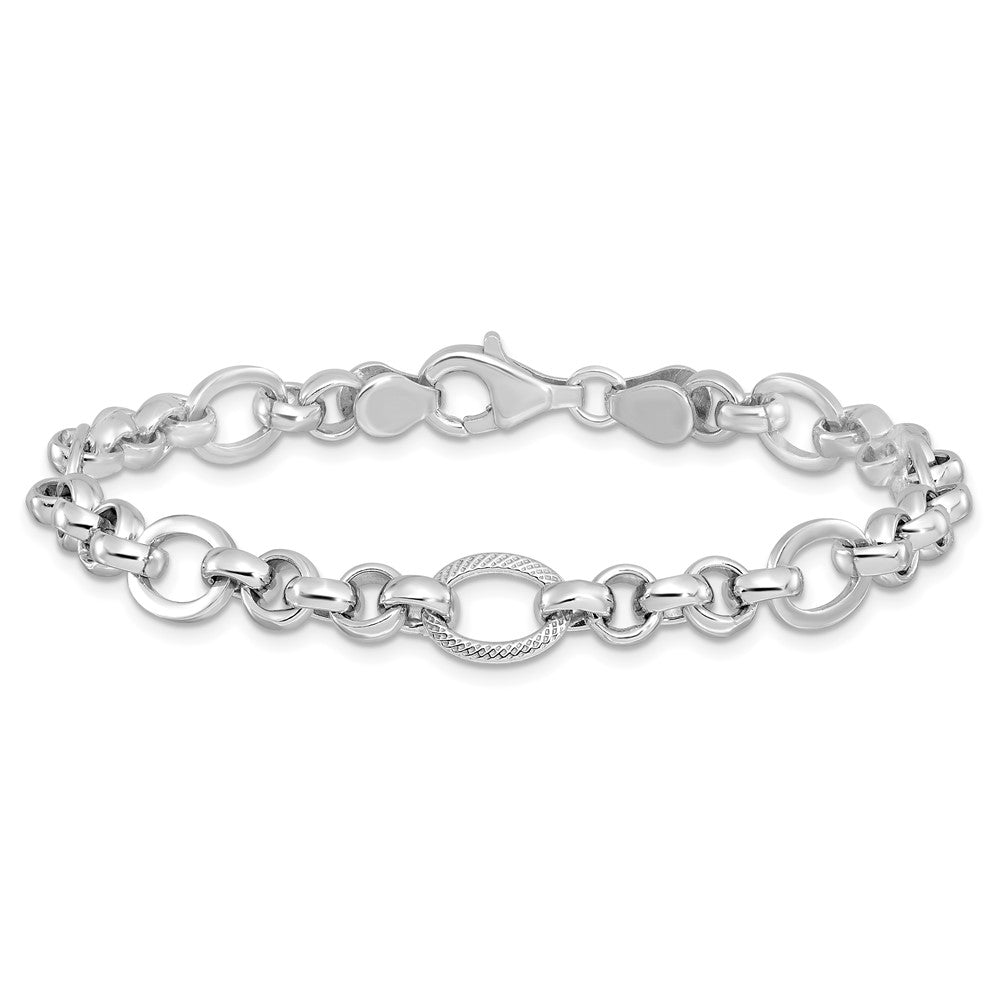 Sterling Silver Rhodium-Plated Polished/textured Fancy Link 7.5in Bracelet